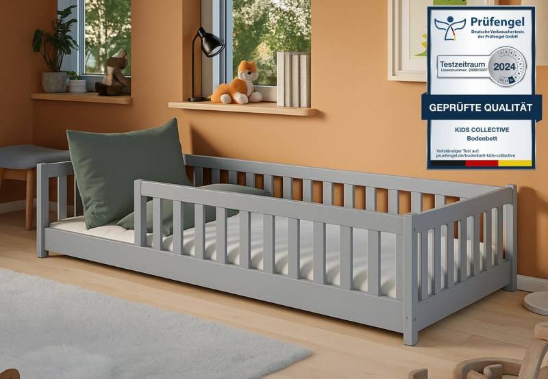 Kids Collective Kinderbett Bodenbett Bett mit Rausfallschutz & Lattenrost Montessori Bett Kinder (weitere Größen 80x160, 80x180, 90x190, 120x200, 140x200 cm), Jugendbett Einzelbett Aschgrau Kiefer 90x200 cm von Kids Collective
