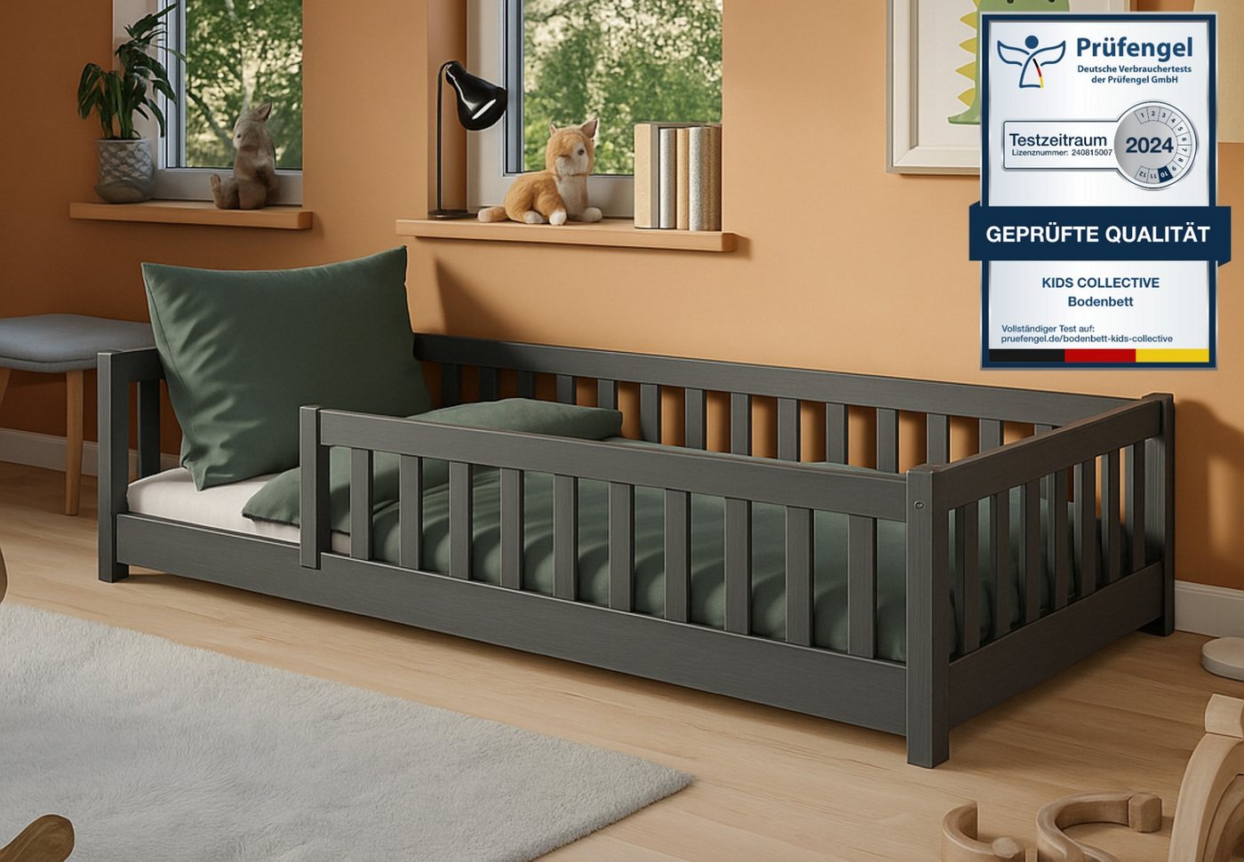 Kids Collective Kinderbett Bodenbett Bett mit Rausfallschutz & Lattenrost Montessori Bett Kinder (weitere Größen 80x160, 80x180, 90x190, 120x200, 140x200 cm), Jugendbett Einzelbett mit Matratze Graphit Kiefer 90x200 cm von Kids Collective