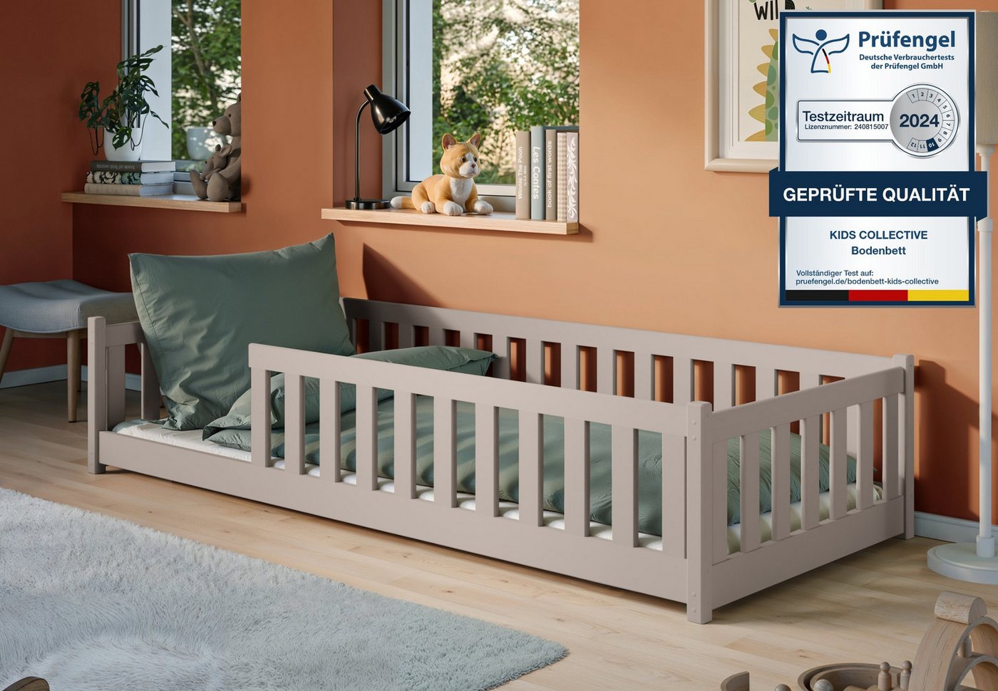 Kids Collective Kinderbett Bodenbett Bett mit Rausfallschutz & Lattenrost Montessori Bett Kinder (weitere Größen 80x160, 80x180, 90x200, 120x200, 140x200 cm), Jugendbett Einzelbett mit Matratze Kaschmir Kiefer 90x190 cm von Kids Collective