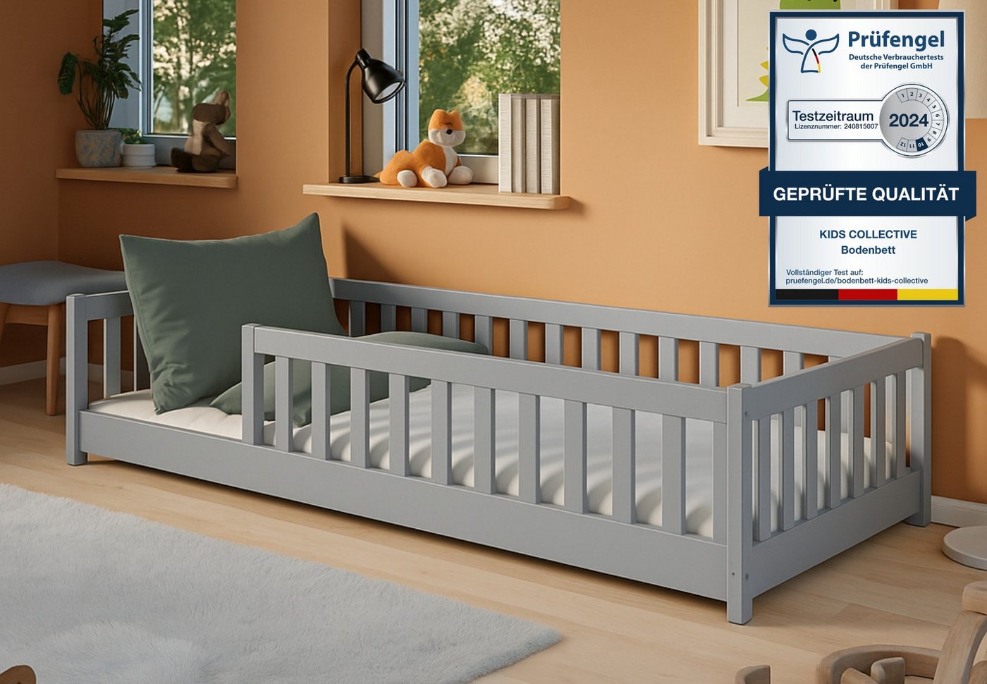 Kids Collective Kinderbett Bodenbett Bett mit Rausfallschutz & Lattenrost Montessori Bett Kinder (weitere Größen 80x160, 80x180, 90x200, 120x200, 140x200 cm), Jugendbett Einzelbett mit Matratze Aschgrau Kiefer 90x190 cm von Kids Collective