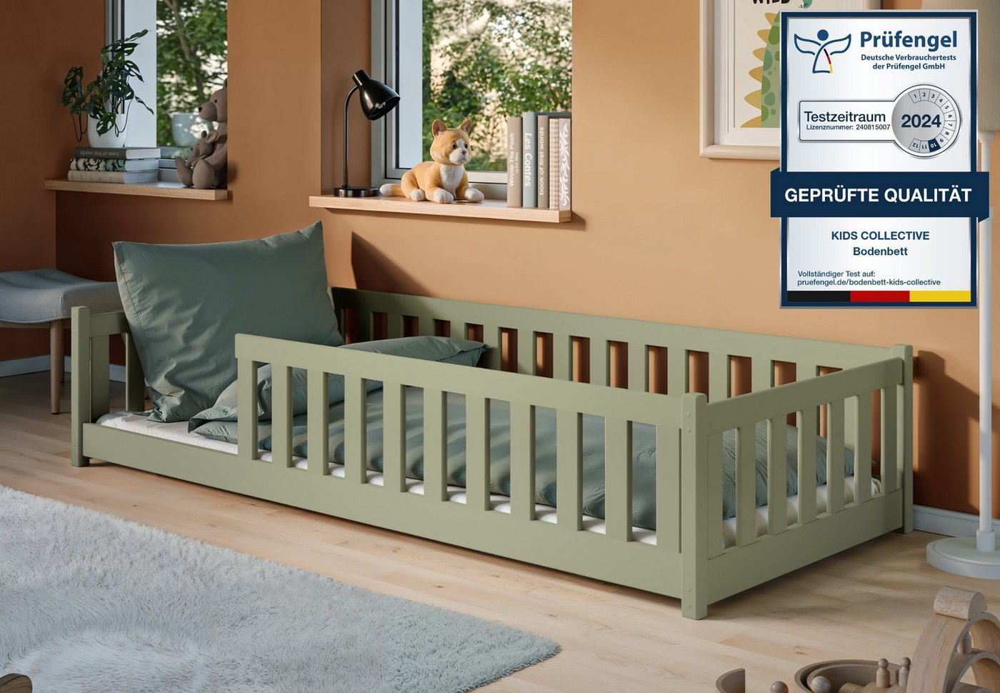 Kids Collective Kinderbett Bodenbett Bett mit Rausfallschutz & Lattenrost Montessori Bett Kinder (weitere Größen 80x160, 90x190, 90x200, 120x200, 140x200 cm), Jugendbett Einzelbett mit Matratze Olivgrün Kiefer 80x180 cm von Kids Collective