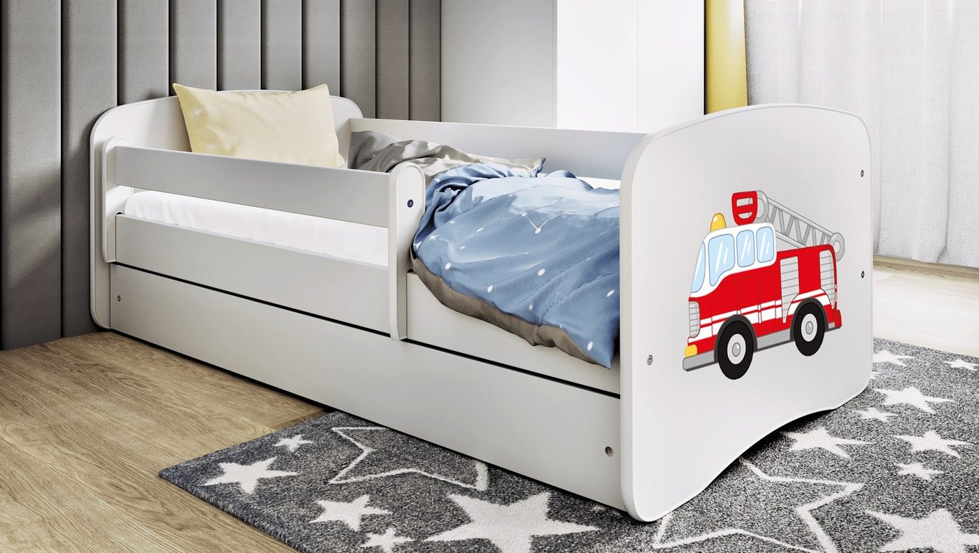 Kids Collective Kinderbett Jugendbett Kinderbett mit Rausfallschutz, Lattenrost & Schublade, 160x80 in weiß Jungen Bett Feuerwehr, Matratze optional von Kids Collective