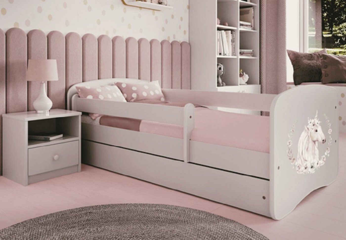 Kids Collective Kinderbett Jugendbett Kinderbett mit Rausfallschutz, Lattenrost & Schublade, 160x80 in weiß Mädchen Bett rosa Pferd, Matratze optional von Kids Collective