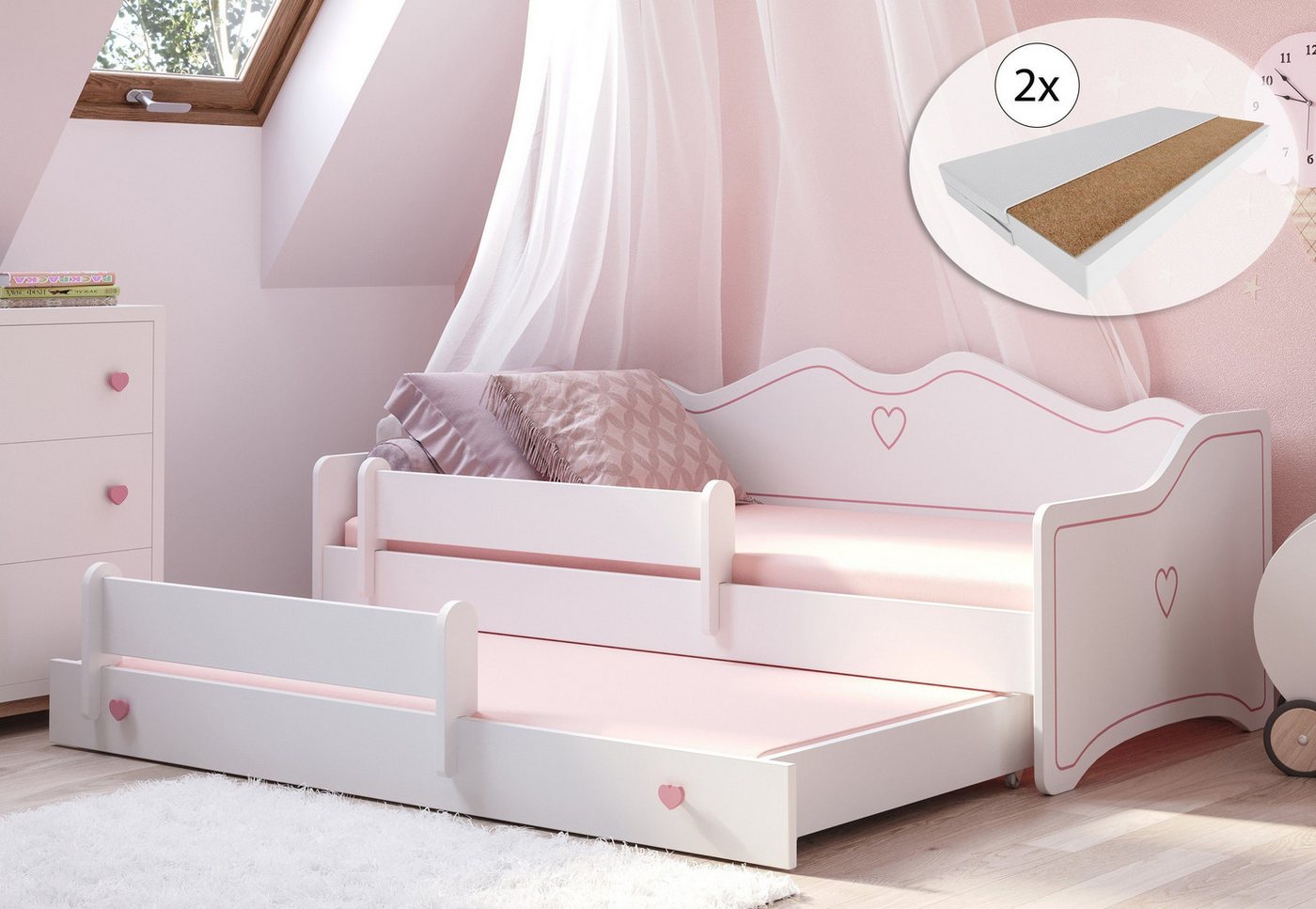 Kids Collective Kinderbett Mädchenbett 80x160 mit Ausziehbett & zwei Matratzen Kinderbett, Jugendbett Funktionsbett mit Rausfallschutz, Prinzessin weiß rosa Kids Collective Kinderbett Mädchenbett 80x160 mit Ausziehbett & zwei Matratzen Kinderbett, Jugendbett Funktionsbett mit Rausfallschutz, Prinzessin weiß rosa von Kids Collective