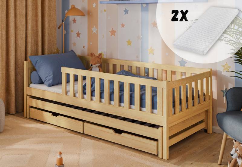 Kids Collective Kinderbett mit Rausfallschutz, Lattenrost und optionaler Matratze, Kinder Bett (mit Ausziehbett und zwei Schubladen), 80x180 cm: von 3. bis 12. Lebensjahr, natur, mit Matratze von Kids Collective