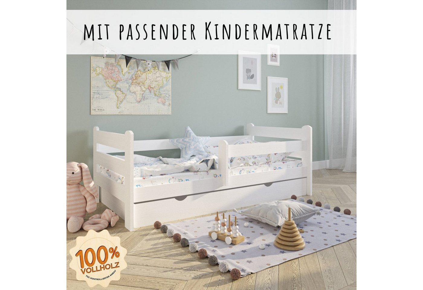 Kids Collective Kinderbett weiß 80x160 90x200 Jugendbett mit Schublade Rausfallschutz, 100% Kiefern-Vollholz, 160x80, Bettkasten, mit Matratze von Kids Collective