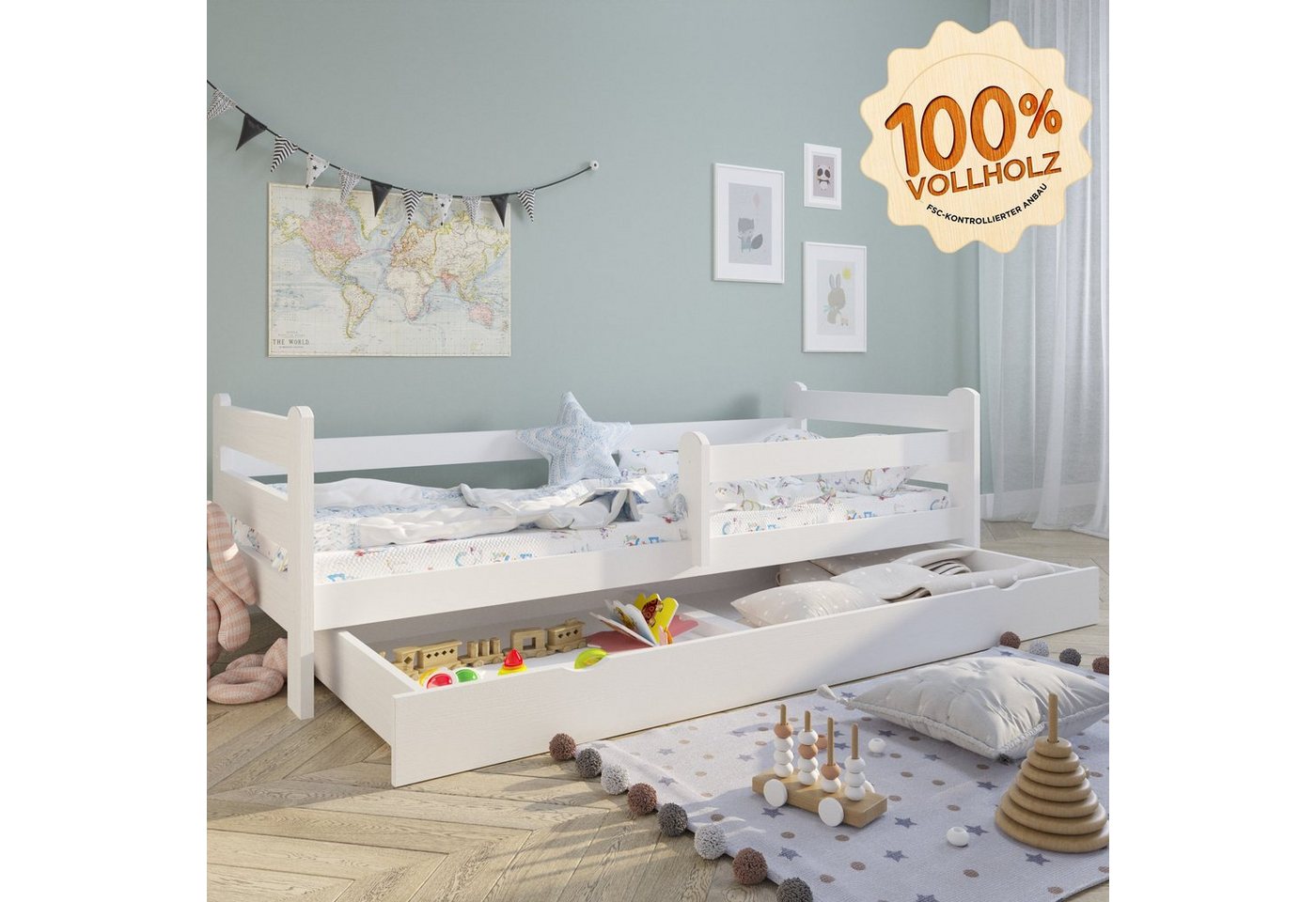 Kids Collective Kinderbett weiß 80x160 90x200 Jugendbett mit Schublade Rausfallschutz, 100% Kiefern-Vollholz, 200x90, Bettkasten, optional mit Matratze von Kids Collective