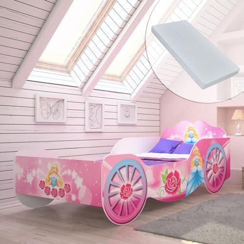 Kids Collective Kutsche Kinderbett Mädchenbett 70x140 | 80x160 mit Rausfallschutz und Matratze | Prinzessin Kinder Spielbett 140x70 von Kids Collective