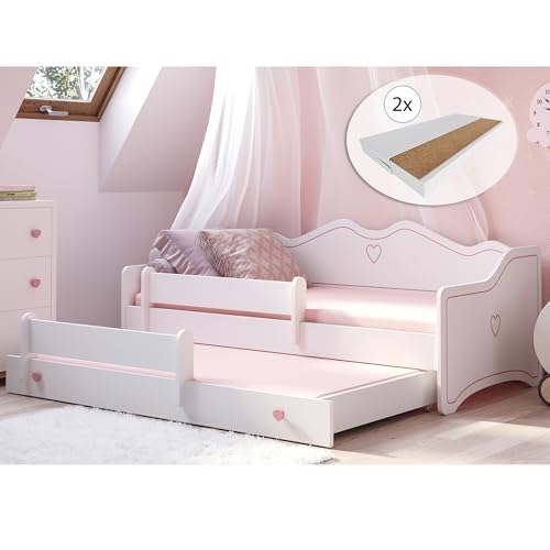 Mädchenbett 80x160 cm mit Ausziehbett & Zwei Matratzen Kinderbett Jugendbett Funktionsbett 80x160 cm mit Rausfallschutz | Prinzessin Kinder Sofa Couch Bett umbaubar weiß rosa von 3. bis 10. Lebensjahr von Kids Collective