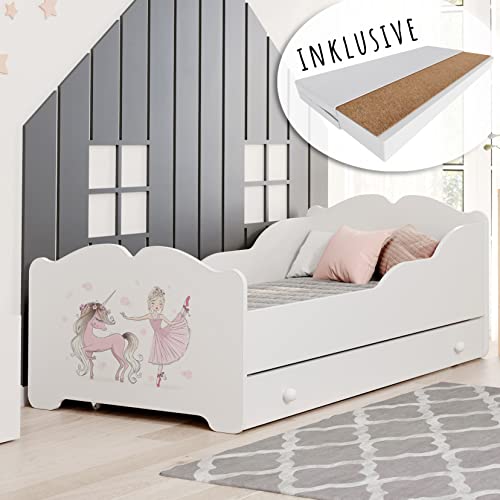 Kids Collective Mädchenbett Kinderbett 80x160 cm mit Matratze und Schublade, Rausfallschutz & Lattenrost in weiß Prinzessin mit Pferd Motiv 160x80 bis 10 Jahre von Kids Collective