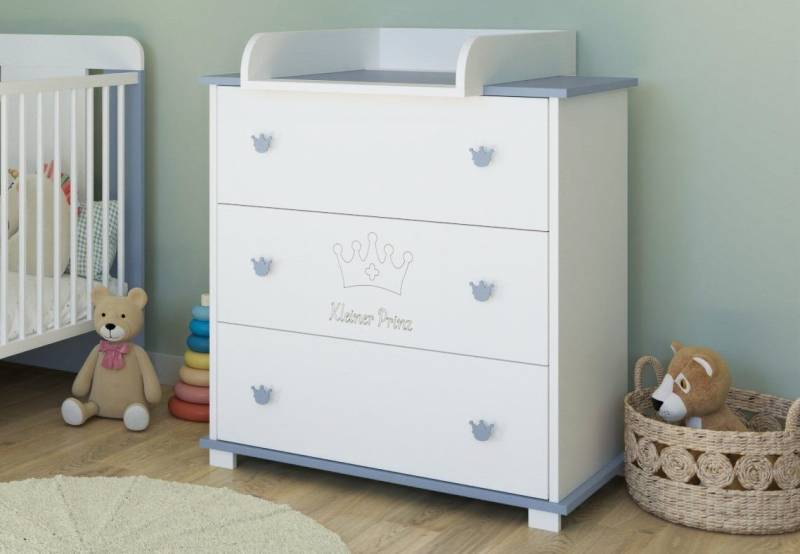 Kids Collective Wickelkommode Kommode Wickeltisch mit Wickelaufsatz mit 3 Schubladen, Kleiner Prinz Gravur in weiss blau Junge Made in Europe von Kids Collective