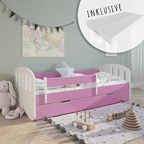 Kids Collective Kinderbett 160x80 | 180x80 cm mit Matratze, Schublade, Rausfallschutz & Lattenrost in pink 80 x 160 Mädchen Jungen Bett Skandi von Kids Collective