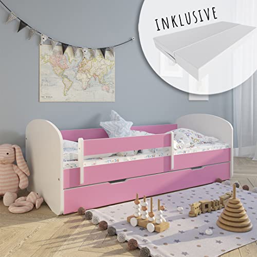 Kids Collective Kinderbett 70x140 | 80x160 | 80x180 cm mit Matratze, Rausfallschutz, Lattenrost & Schublade in pink Mädchen Jungen Bett von Kids Collective