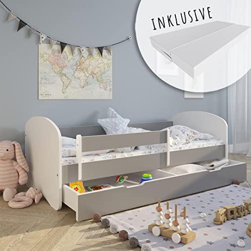 Kids Collective Kinderbett 70x140 | 80x160 | 80x180 cm mit Matratze, Rausfallschutz, Lattenrost & Schublade in grau 180x80 Mädchen Jungen Bett Skandi von Kids Collective