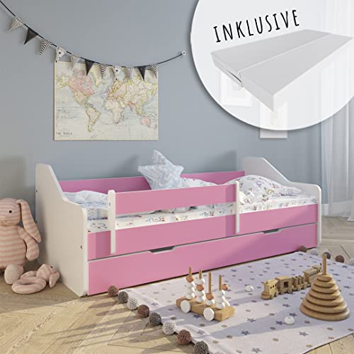 Kids Collective Kinderbett 80x180 cm mit Matratze, Rausfallschutz, Lattenrost & Schublade in pink 180x80 Mädchen Jungen Bett Skandi von Kids Collective