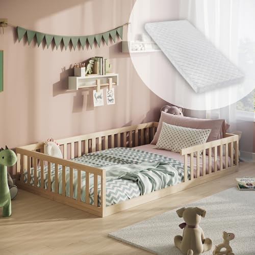 Kinderbett Bodenbett 120x200 cm mit Matratze, Lattenrost & Rausfallschutz Montessori Bett Bed Gitterbett Kinder Jugendbett Einzelbett optional mit Matratze | natur weitere Größen | 90x200 | 140x200 cm von Kids Collective