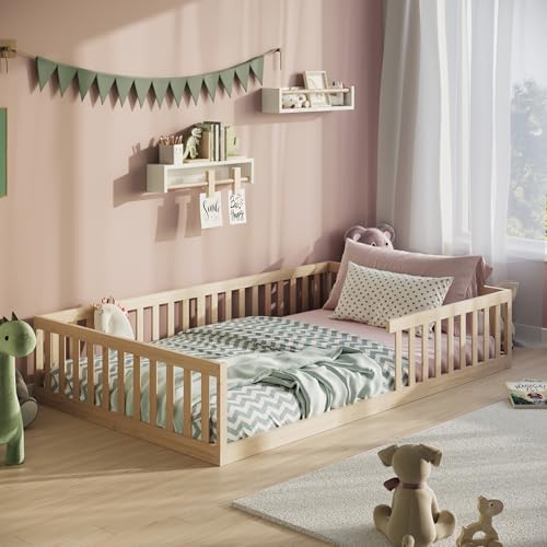 Kinderbett Bodenbett 120x200 cm mit Rausfallschutz & Lattenrost Montessori Bett Bed Gitterbett Kinder Jugendbett Einzelbett optional mit Matratze | natur weitere Größen | 90x200 | 140x200 cm von Kids Collective