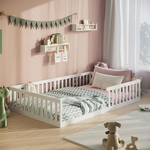 Kinderbett Bodenbett 140x200 cm mit Rausfallschutz & Lattenrost Montessori Bett Bed Gitterbett Kinder Jugendbett Einzelbett optional mit Matratze | weiß weitere Größen | 90x200 | 120x200 cm von Kids Collective
