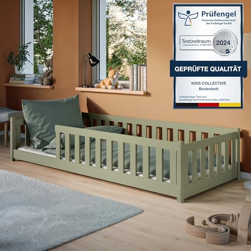 Kinderbett Bodenbett 80x160 cm mit Rausfallschutz & Lattenrost Montessori Bett Bed Gitterbett Kinder Jugendbett Einzelbett optional mit Matratze | Olivgrün weitere Größen 90x200 | 120x200 | 140x200 cm von Kids Collective