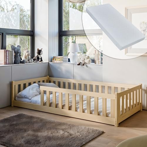 Kinderbett Bodenbett 90x200 cm Bett mit Matratze, Rausfallschutz & Lattenrost Montessori Bett Bed Gitterbett Kinder Jugendbett Einzelbett komplett Set | Natur Kiefer Holz massiv Junge Mädchen von Kids Collective