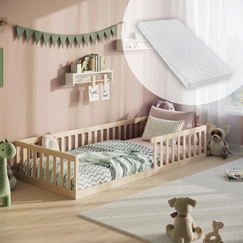 Kinderbett Bodenbett 90x200 cm mit Matratze, Lattenrost & Rausfallschutz Montessori Bett Bed Gitterbett Kinder Jugendbett Einzelbett optional mit Matratze | natur | von 4. bis 18. Lebensjahr von Kids Collective