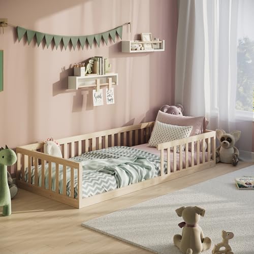 Kinderbett Bodenbett 90x200 cm mit Rausfallschutz & Lattenrost Bett Gitterbett Kinder Jugendbett Einzelbett optional mit Matratze, natur weitere Größen | 120x200 | 140x200 cm von 4. bis 18. Lebensjahr von Kids Collective