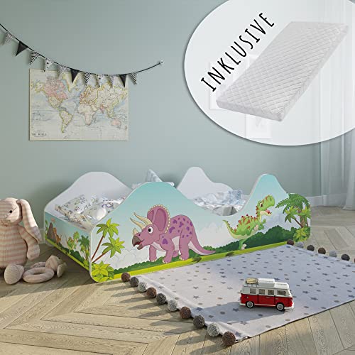 Kids Collective Kinderbett Jugendbett 80x160 mit Rausfallschutz | Dinosaurier Kinder Spielbett mit Lattenrost, mit Matratze von Kids Collective