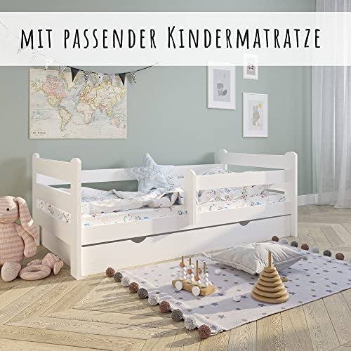 Kids Collective Kinderbett Jugendbett 90x200 cm mit Rausfallschutz | Voll-Holz inkl. Matratze Lattenrost & Schublade in weiß Kiefer | Mädchen Jungen Bett skandinavisch von Kids Collective