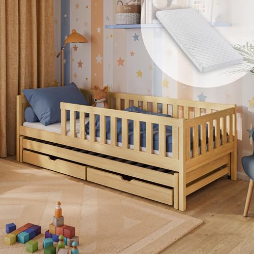 Kinderbett mit Ausziehbett und Zwei Schubladen, Rausfallschutz, Lattenrost und Matratze, Kinder Bett | weitere Größen: 80x160, 90x190, 90x200cm | 80x180cm: von 3. bis 12. Lebensjahr, Natur Kinderbett mit Ausziehbett und Zwei Schubladen, Rausfallschutz, Lattenrost und Matratze, Kinder Bett | weitere Größen: 80x160, 90x190, 90x200cm | 80x180cm: von 3. bis 12. Lebensjahr, Natur von Kids Collective