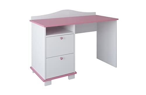 Schreibtisch, Kinderschreibtisch mit 74 cm Arbeitshöhe und Zwei Schubladen und Ablagefach in weiß pink Made in Europe von Kids Collective