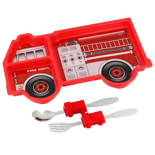 KidsFunwares Feuerwehrauto Me Time Mahlzeit-Set, Portionskontrolle, geteilter Teller mit Gabel und Löffel für Kinder von KidsFunwares