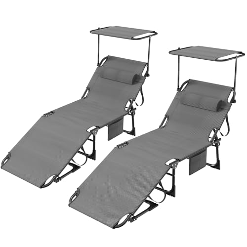 2er Set Sonnenliege Extra Breit 195x69x29, Liegestuhl Leicht mit Dach-Kopfkissen-Seitentasche, Verstellbarer Rückenlehne, Strandliege Tragbar für Strand-Pool, Gartenliege Hochwertige Stoffe, Schwarz von Kidsgigglz