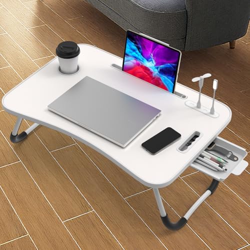 Kidsgigglz Laptoptisch, Laptop Tisch mit Schublade, Getränkehalter, Kleiner Ventilator, Tablethalter, Griff, Betttisch Klappbar für Bett und Sofa, Couch, Boden, Betttablett(60 x 40 x 28 cm, weiß) von Kidsgigglz