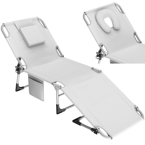 Kidsgigglz Sonnenliege Klappbar 2er Set, Gartenliege mit Gesichtsöffnung & abnehmbaren Kopfstütze, Liegestuhl mit 3-stufig Verstellbarer Rückenlehne, Relaxliege für Garten Strand Camping, Hellgrau von Kidsgigglz