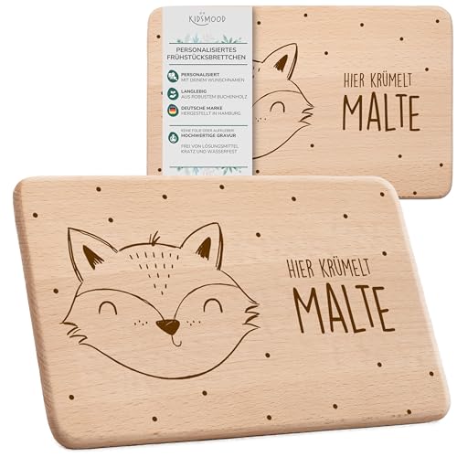 KIDSMOOD - Personalisiertes Frühstücksbrettchen für Kinder und Erwachsene | Holzbrettchen mit süßem Fuchs Motiv | Perfekt als personalisierte Geschenke zur Taufe, Geburt für Kinder [22x14 cm] von Kidsmood