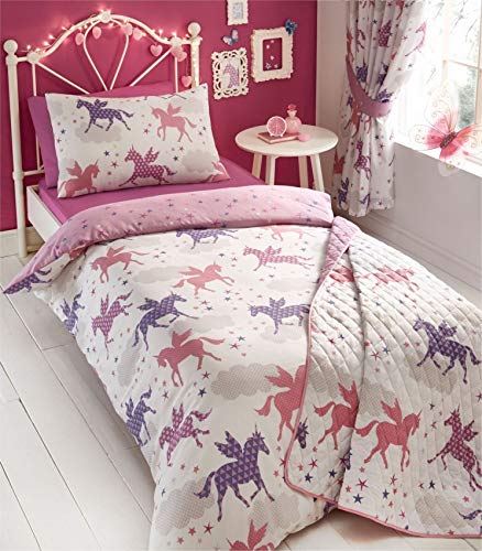 Kids Club - Divine Einhörner Bettbezug Sets oder Vorhänge oder Tagesdecke, Single Duvet Cover Set von Price Right Home