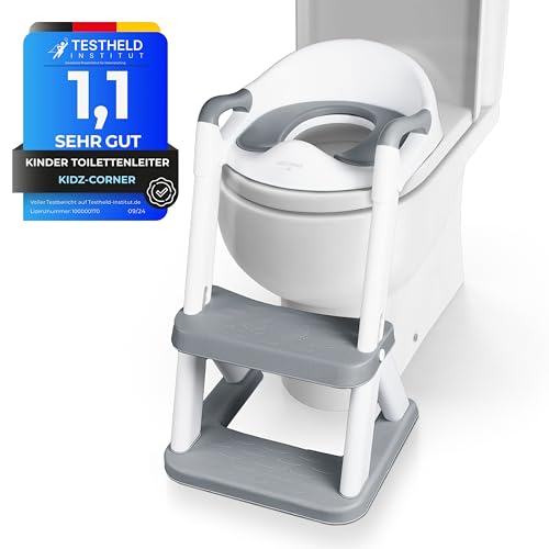KidzCorner Kinder Toilettensitz mit Treppe, höhenverstellbare Toilettenleiter klappbar auch als Tritthocker verwendbar. WC Sitz fürs Töpfchen Training. von Kidz Corner