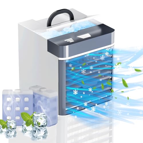 Tragbarer Klimaanlagen-Ventilator, Mini-Klimaanlage mit 2 Kühlakkus, 3 Geschwindigkeiten, Anti-Auslauf-Wasser, persönlicher Eis-Luftkühler für Zimmer, Schreibtisch, Büro, Zuhause, Zelt (JC-01) von KidzRule