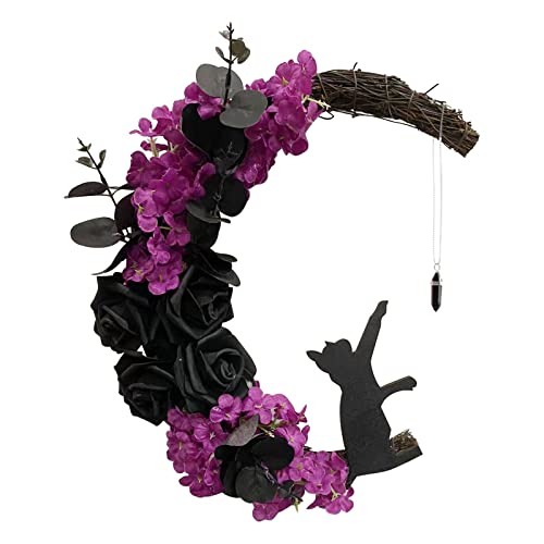 Halloween Türkranz, Halloween TüRdeko, Halloween-Kränze für Haustür Halloween Mondkranz Weinrebenkranz Halloween Katze Türkranz Dekorationen für Zuhause Party Fenster Wand Indoor (Purple, One Size) von Kielsjajd