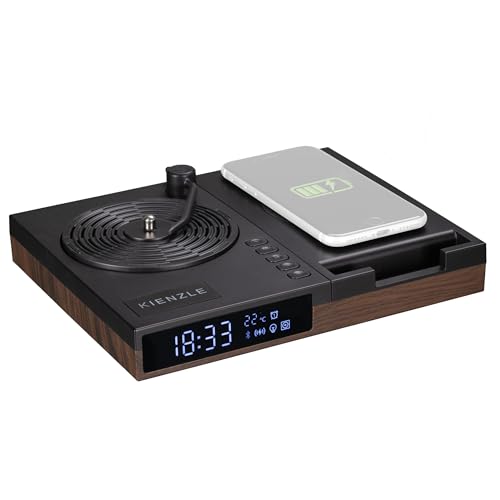 Kienzle Wecker Retro Plattenspieler Design mit Bluetooth Lautsprecher kabelloser Ladestation Temperaturanzeige 2 Weckzeiten Ambiente Licht Smartphone Halterung von Kienzle