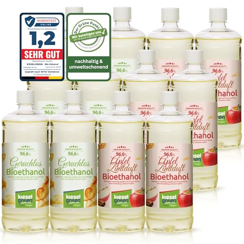 KieselGreen Bioethanol 12 x 1 Liter Sets (6X Geruchlos + 6X Duft) für Ethanol-Kamin - Bio Ethanol als Raumduft, viele Duftnoten (6X Geruchlos + 6X Apfel Zimt) von KieselGreen