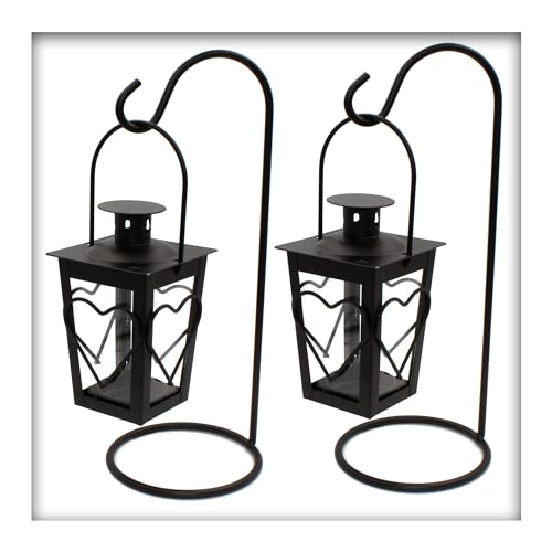 2 Stück Metall Mini- Laterne Herz schwarz Gartenwindlicht, zum Aufhängen, Windlicht, mit Standfuss zum aufhängen von Kieskönig