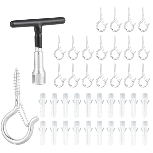 Kievano 20 Stück Schraubhaken mit Sicherung – Deckenhaken Set mit 1 Hakenschraubendreher – Schwarz – Haken zum Schrauben für Aufhängung von Lichterketten, Pflanzenkörben, Dekoration (Metall) von Kievano