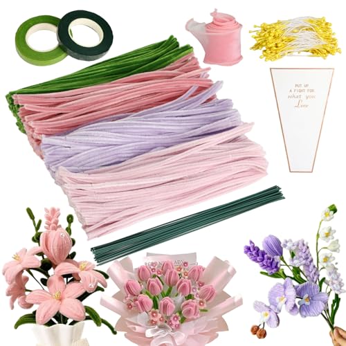 Kievano 400 Stück Pfeifenreiniger Blumen Set – Bunte Chenilledraht & Pfeifenputzer zum Basteln mit Blumendraht, Staubblättern, Schleifenband & Blumentasche – DIY Blumenstrauß Bastelset von Kievano