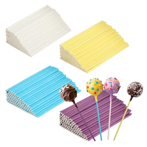 Kievano Cake Pop Stiele 400 Stück – 10cm Lutscherstäbchen aus Papier, 4 Farben (Weiß, Gelb, Blau, Lila), 3.5mm Durchmesser, Robuste Papierstäbchen für Cake Pops, Lutscher, Basteln, DIY von Kievano