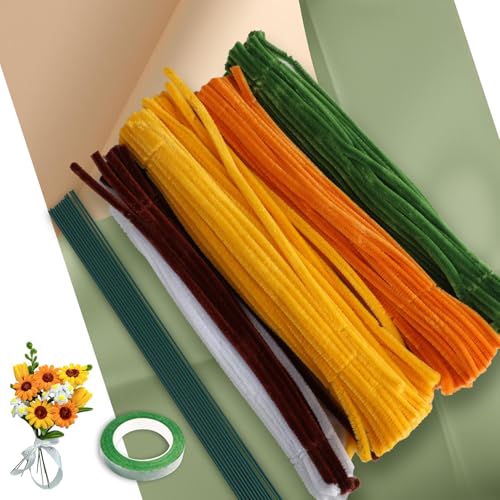 Kievano Pfeifenreiniger Blumen Bastelset – 210 Stück Chenille Stiele in 5 Farben mit Blumendraht, Blumenband, Schleifenband & Klebestiften für DIY Sonnenblumen & kreative Sträuße von Kievano