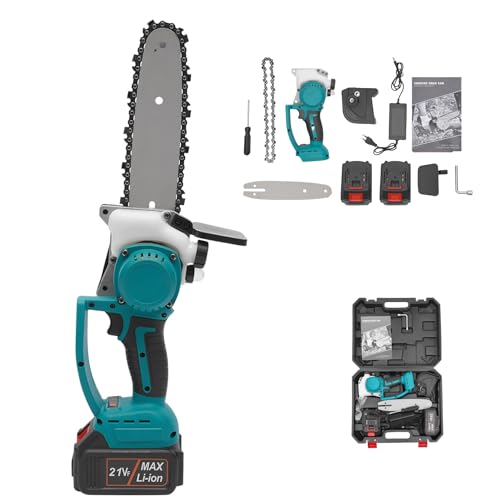 Akku Kettensäge Mini 6 Zoll mit 2x4000mAh Akkus & Bürstenlosem Motor | 400W Handkettensäge 21V | Automatische Ölung, Sicherheitssperre für Garten, Holz, Äste | Leicht (2.1kg) inkl. Werkzeugkoffer von KigerNee