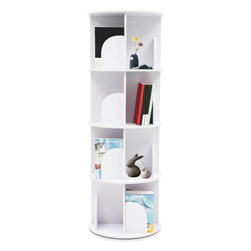 Drehbares Bücherregal 4-stöckig | 360° Rotierendes Standregal mit 16 Fächern | 60kg Tragkraft | PVC-Material & kippsicher | Raumsparendes Regal für Bücher, Spielzeug, Deko | inkl. Tischdecke von KigerNee