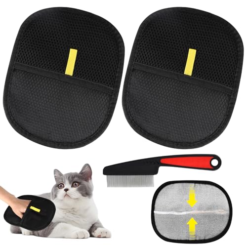 2PCS Fell Magnet Handschuh, Antistatischer Handschuh zur Entfernung von Tierhaaren, Zweiwege Pet Hair Remover Glove, Fellhandschuhe Katze mit 1*Haustierkamm für Waschen, Epilieren, Kämmen von Kigift