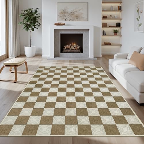 Kiginara Brauner karierter Teppich, 12,7 x 17,8 cm, maschinenwaschbar, Schachbrett-Teppiche für Wohnzimmer, rutschfest, weich, niedriger Flor, neutraler Teppich für Schlafzimmer, Spielzimmer Kiginara Brauner karierter Teppich, 12,7 x 17,8 cm, maschinenwaschbar, Schachbrett-Teppiche für Wohnzimmer, rutschfest, weich, niedriger Flor, neutraler Teppich für Schlafzimmer, Spielzimmer von Kiginara